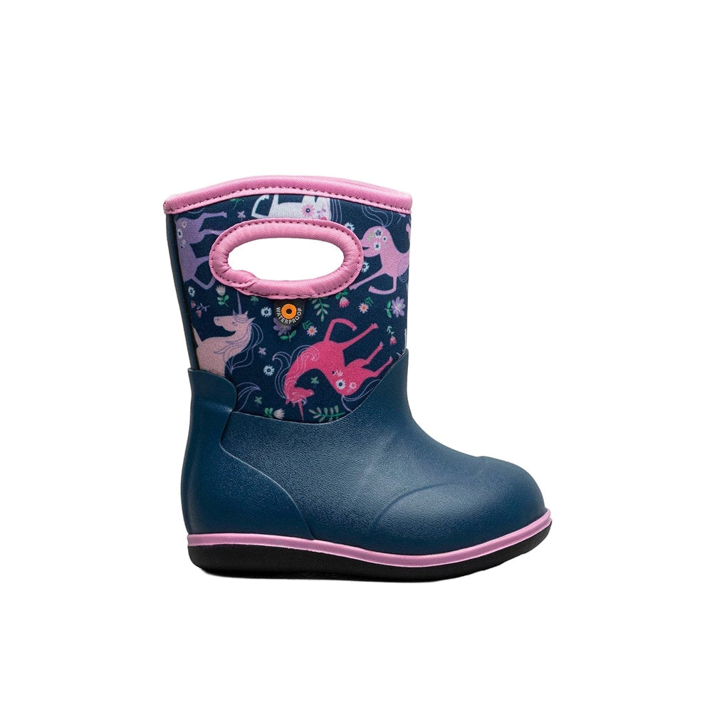 BOGS Baby Rainboots Classic Unicorn Meadow navy boot with pink unicorn-print shaft and pink trim