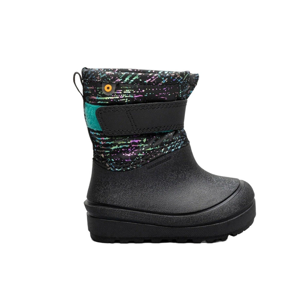 BOGS Baby Snow Shell Boots Black with colorful splash upper and strap, waterproof