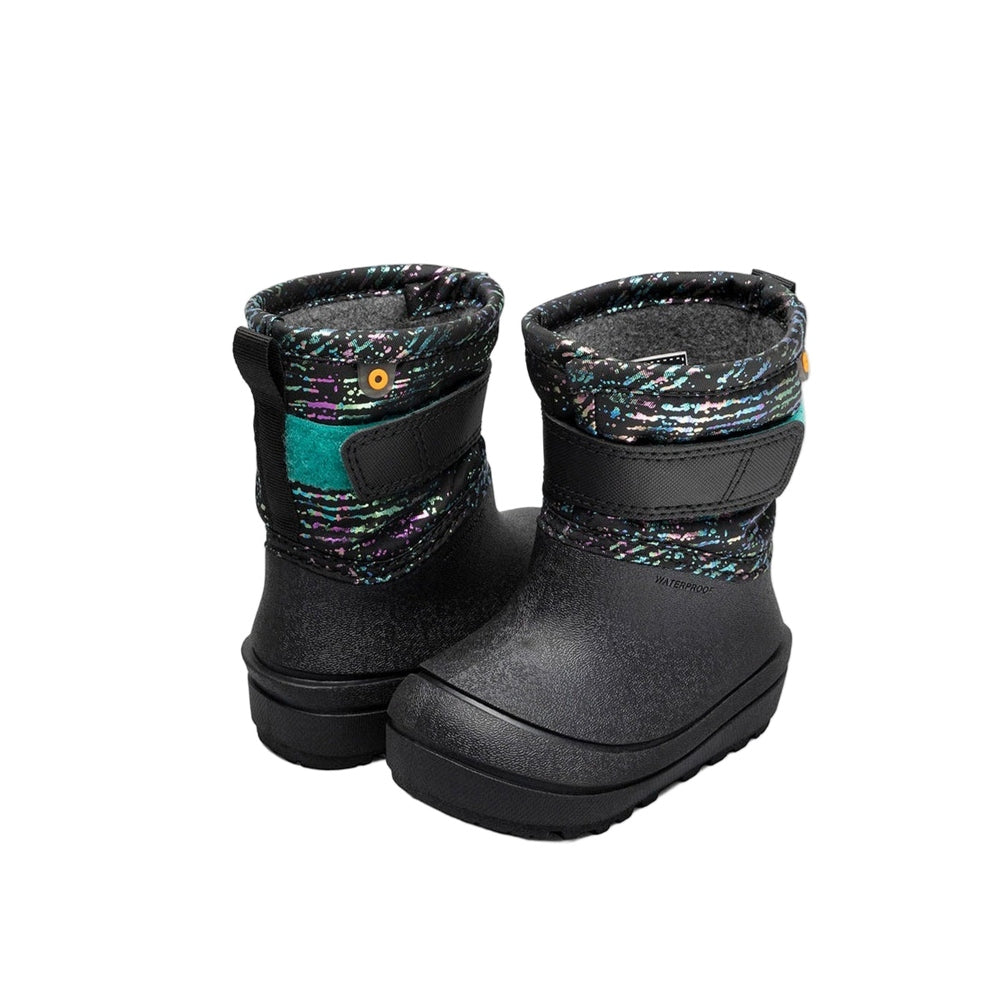 BOGS baby snow shell boots in black with colorful speckled cuff and adjustable strap, waterproof toddler boots