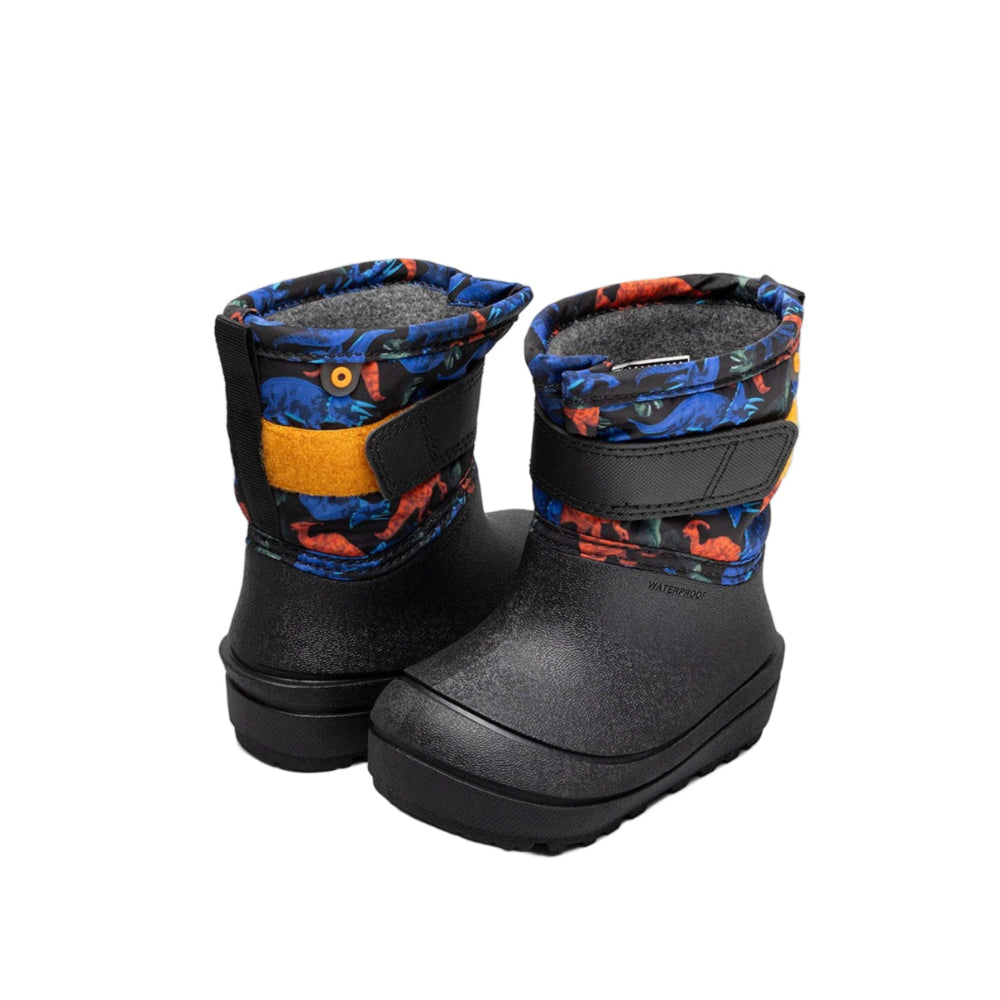 BOGS Baby Snow Shell Boots Real Dino pair; black waterproof lower with colorful dinosaur-print cuff