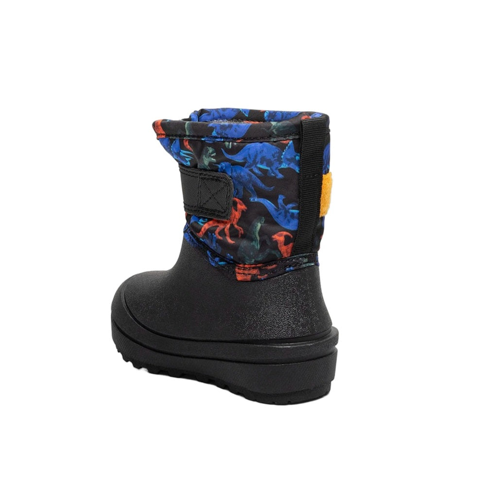 BOGS Baby Snow Shell Boots Real Dino with black rubber lower and multicolor dinosaur-print upper