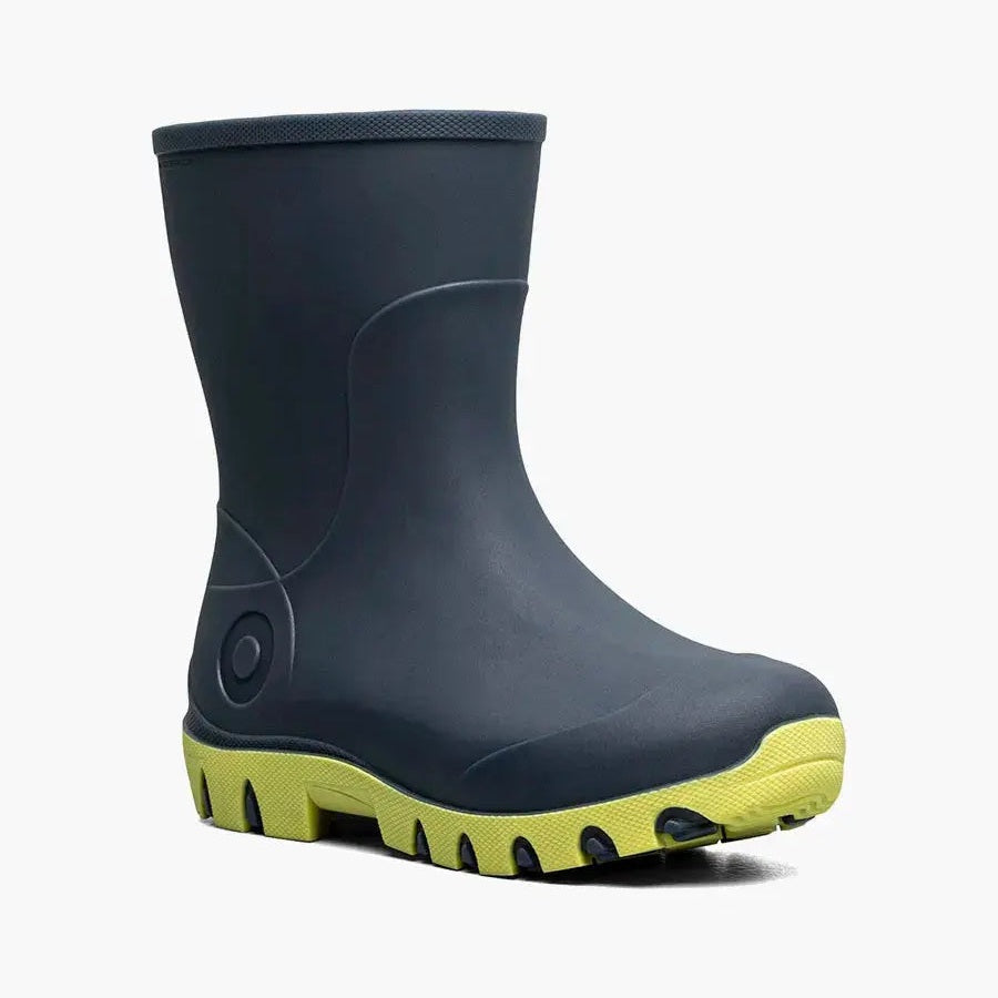 Bogs Essential Rain Mid Kids Rainboots Navy Multi with lime-green sole, rugged tread for rainy days.
