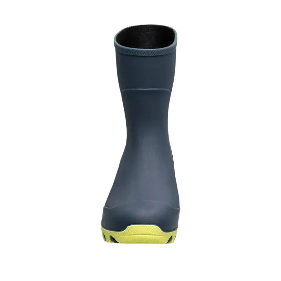 BOGS Essential Rain Mid Kids Rain Boots Navy Multi, standing upright to show waterproof rubber and bright yellow outsole.