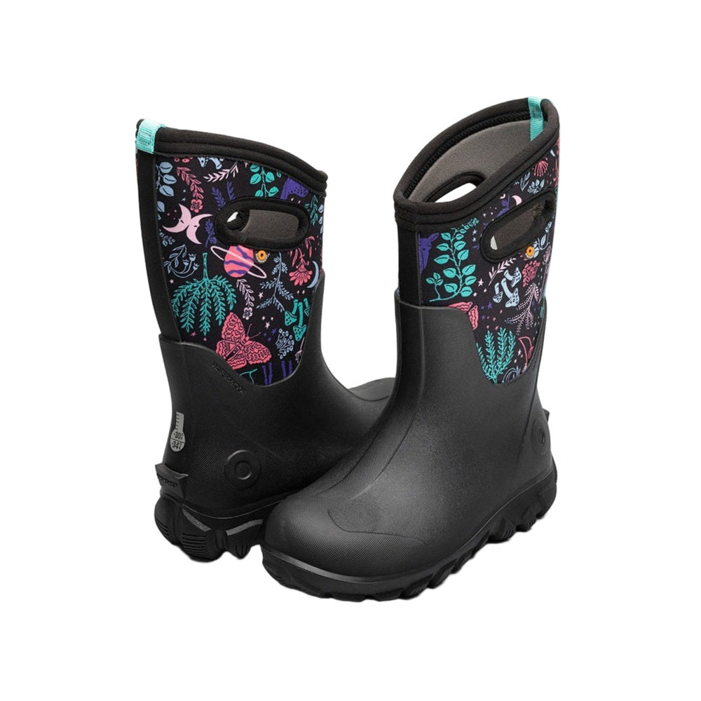 BOGS Kids' Winter Boots Classic Seamless Cosmic Forest pair in black with colorful printed panels