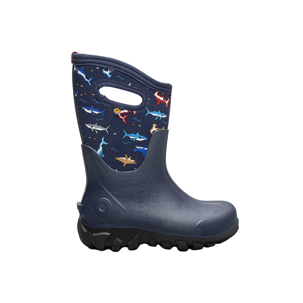 BOGS Kids Winter Boots Classic Seamless Pixel Shark, navy with shark-print shaft and rugged sole