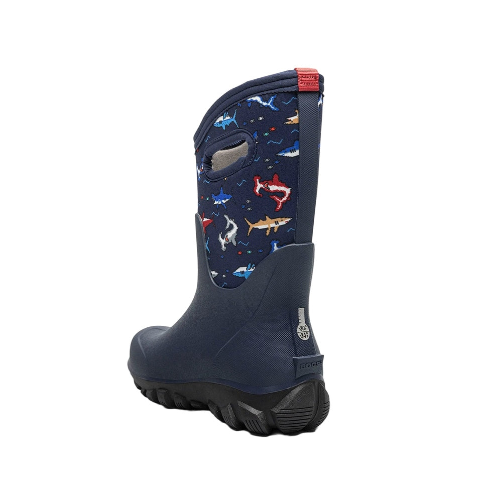 BOGS kids winter boot Classic Seamless Pixel Shark navy with colorful shark pattern