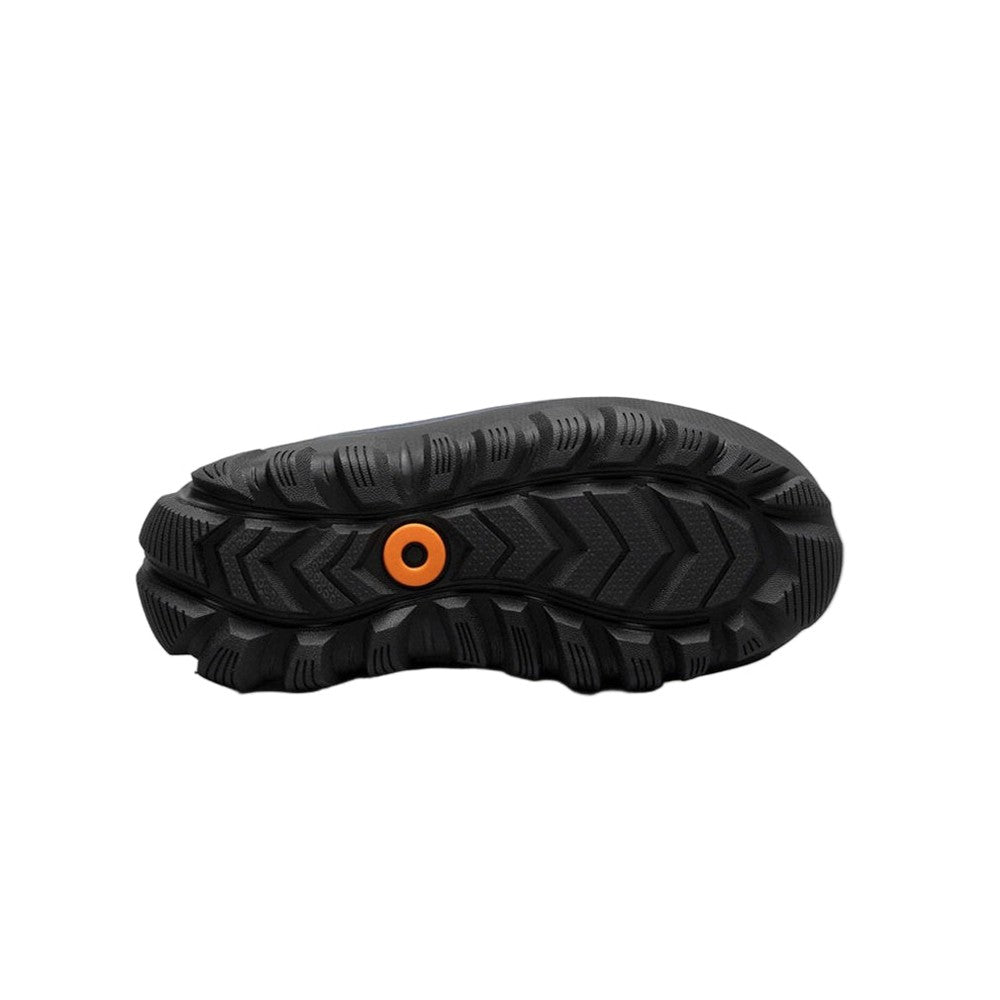 BOGS kids winter boots Classic Seamless Pixel Shark in black with rugged outsole and orange logo.