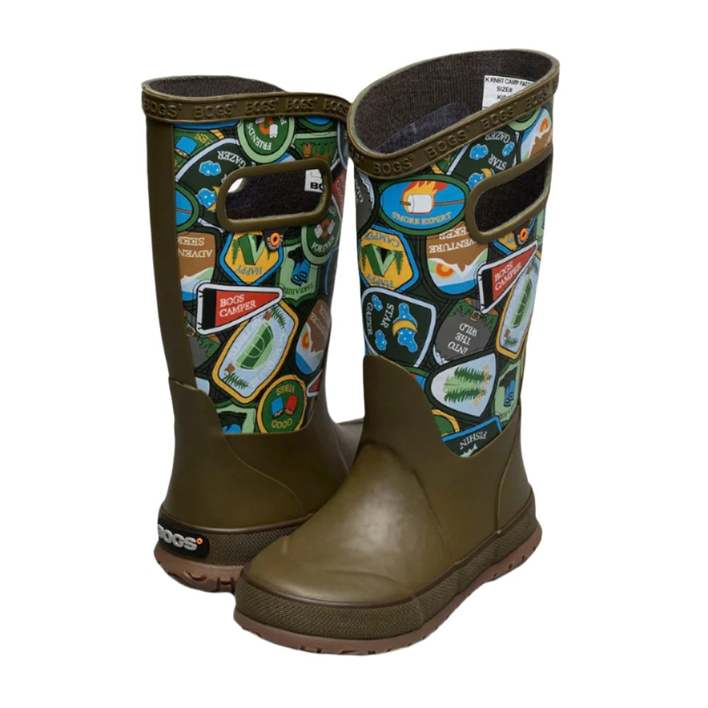 BOGS Rainboot Camping Patches Army Green Multi toddler boots, army-green lower with multicolor patches, pair
