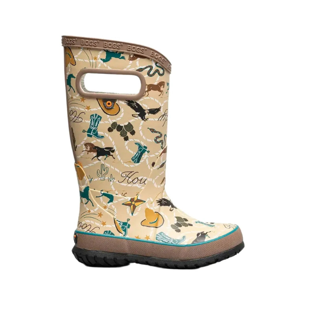 BOGS Rainboot New Western toddler boot in beige with cowboy print and a pull handle, rugged rubber sole
