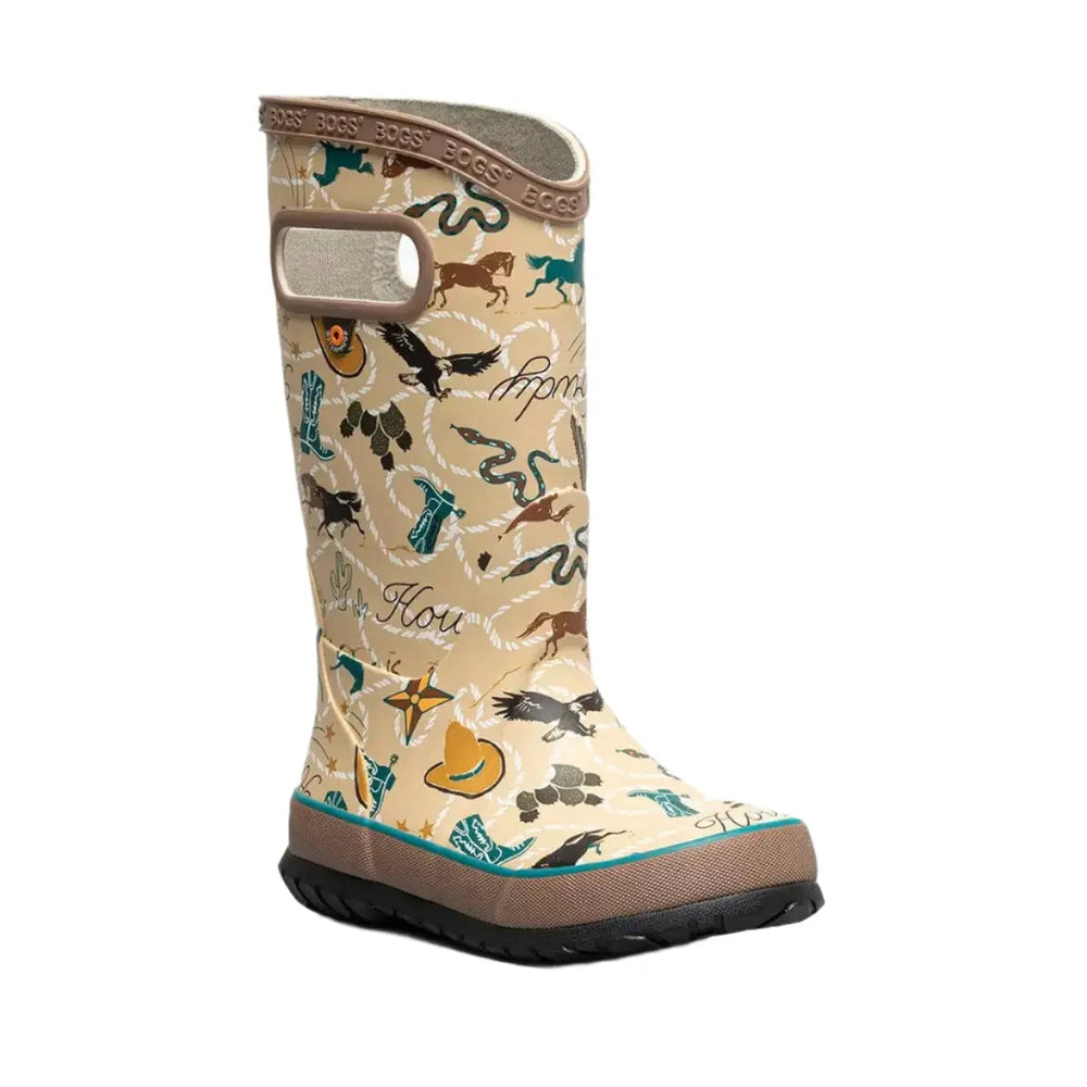 BOGS Rainboot New Western toddler boot stands upright in beige with teal trim and rope horse print.