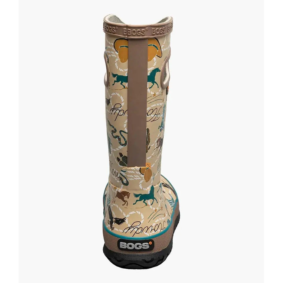 BOGS Rainboot New Western toddler boot back view; beige with western print, brown strap, rugged sole