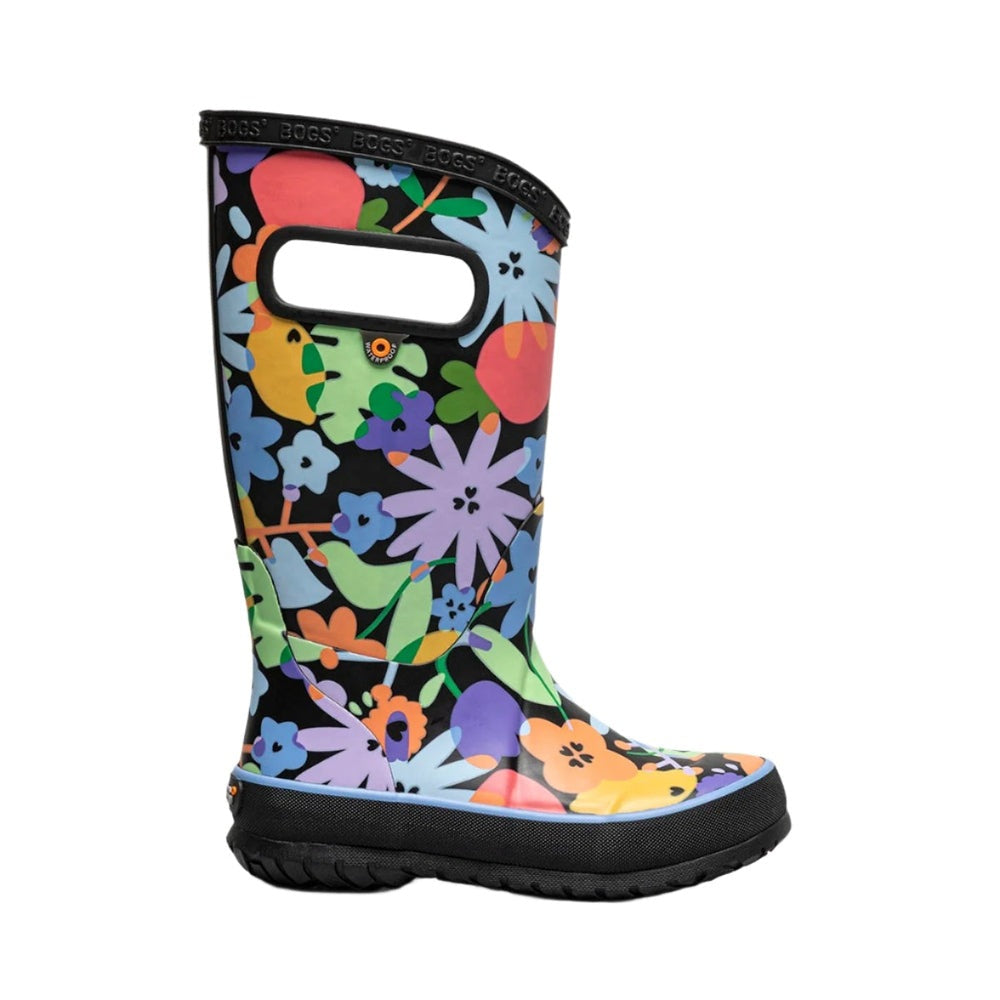 BOGS Rainboot Overlap Flowers kids boot with bright floral print, easy-grab top handle, and black sole