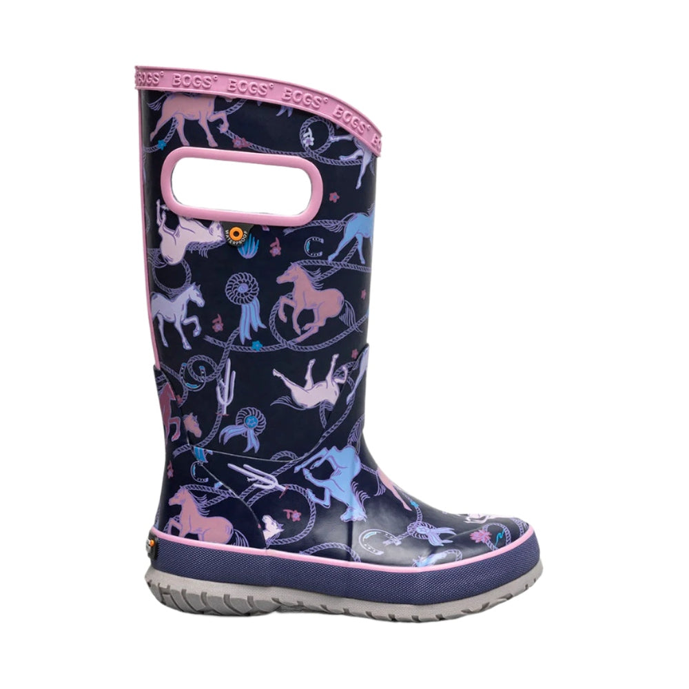 BOGS Rainboot Rodeo Horses Purple Multi for kids, navy with pink trim, shows pink pull-on handle for easy fitting