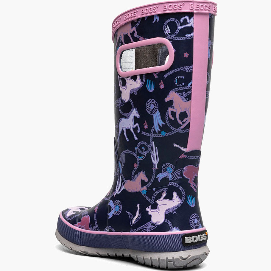 BOGS Rain Boot Rodeo Horses Purple Multi for toddlers, navy print with pink trim, sturdy sole and side pull tab