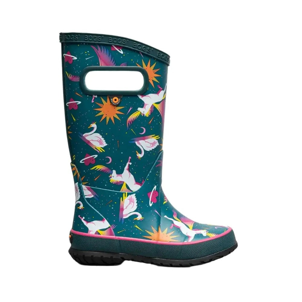 BOGS Rainboot Unicorn Swan; teal rubber kid's boot with unicorn/swan print and pink trim, featuring a built-in top handle.