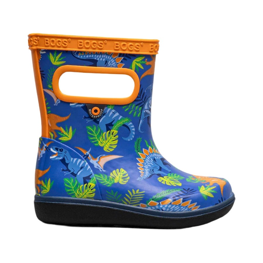 BOGS Skipper II Dinosaur Jungle Blue Multi toddler rain boot with orange trim and side pull handle for easy on, waterproof