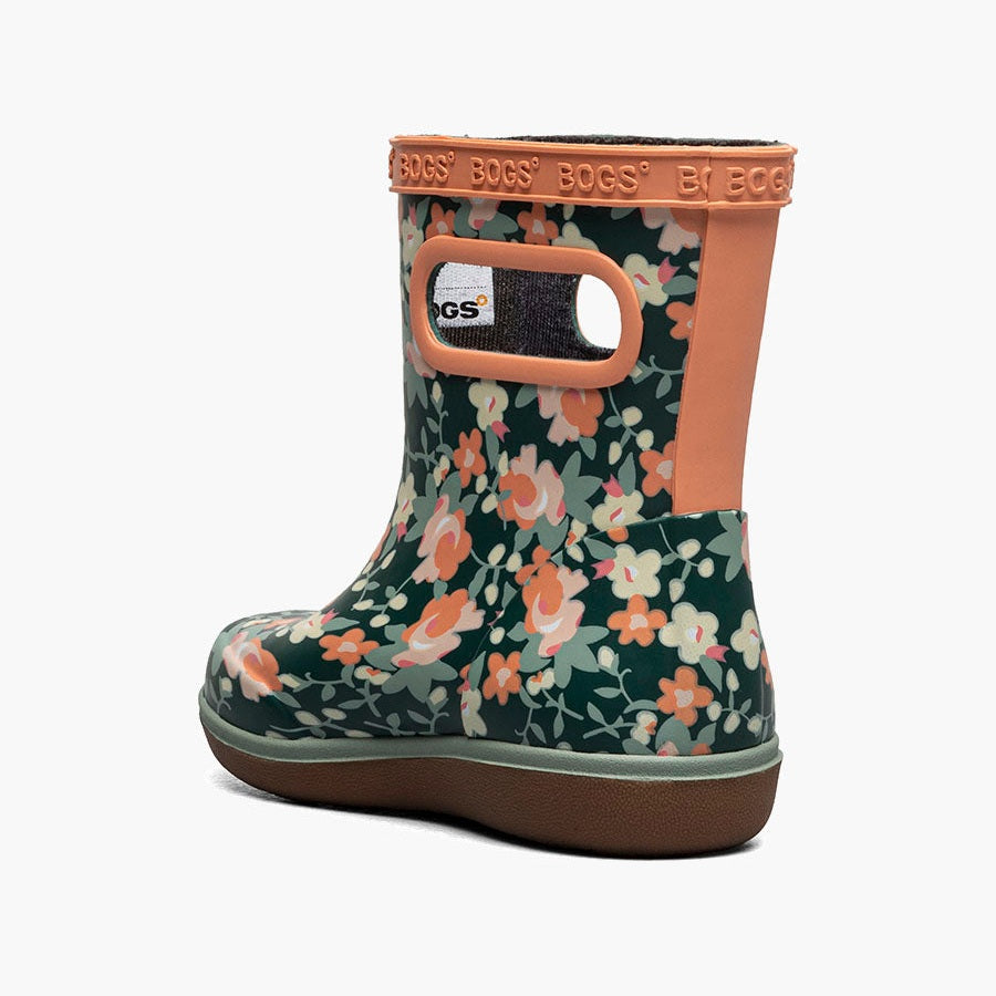BOGS Skipper II Small Floral Emerald Multi baby boot standing upright on white, orange trim strap visible and brown sole.