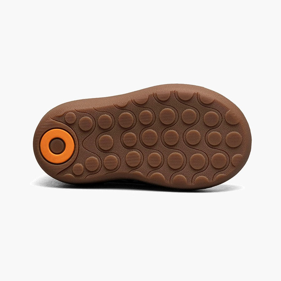 BOGS Skipper II Small Floral Emerald Multi toddler boot sole, brown with orange ring, showing grip-friendly circular treads.