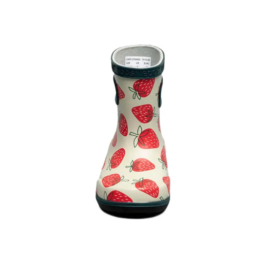 BOGS Skipper II Strawberry Moss Multi baby rain boot; white with red strawberry print, black sole, ready for puddles.