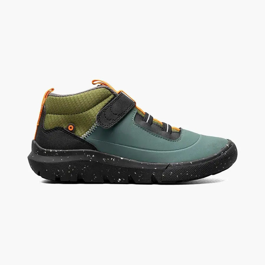 BOGS Skyline Kicker Mid Olive Multi toddler boot, side view with orange laces and speckled black outsole