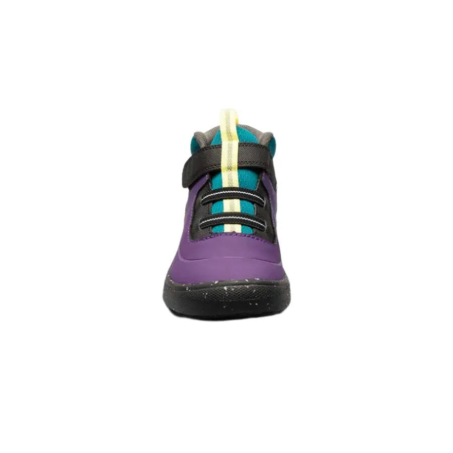 BOGS Skyline Kicker Mid Purple Multi toddler boot with teal lining, Velcro strap, and yellow pull tab.