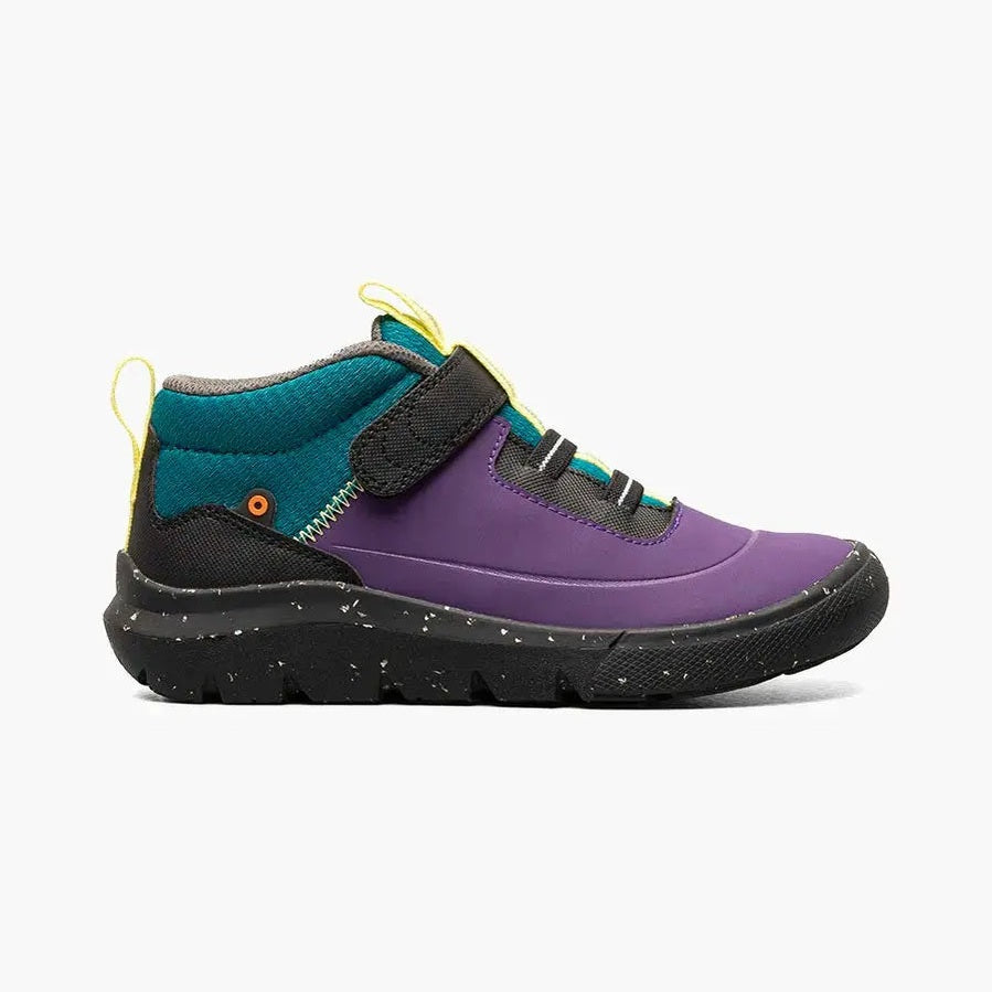 BOGS Skyline Kicker Mid Purple Multi toddler boot with teal collar, yellow pull tabs and Velcro strap, rugged black sole