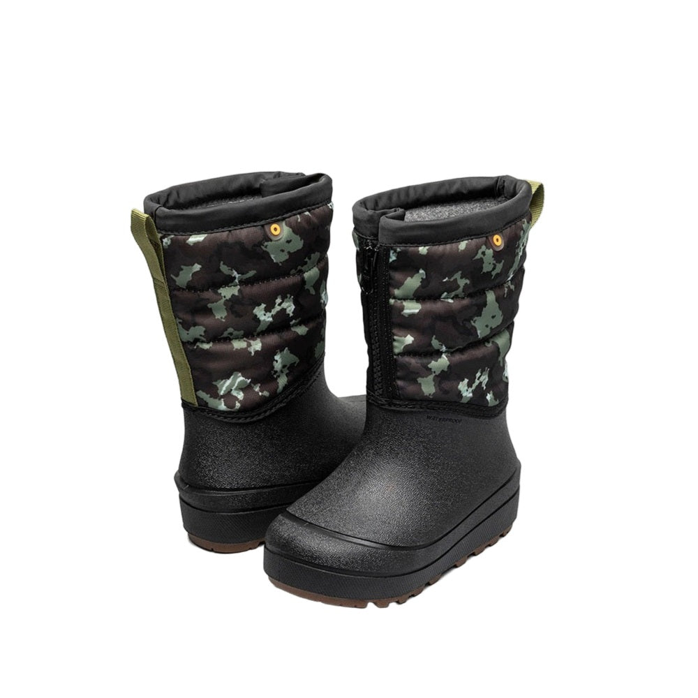 BOGS snow boots Shell Zip Camouflage; black rubber lower, camo quilted shaft with olive tabs, pair