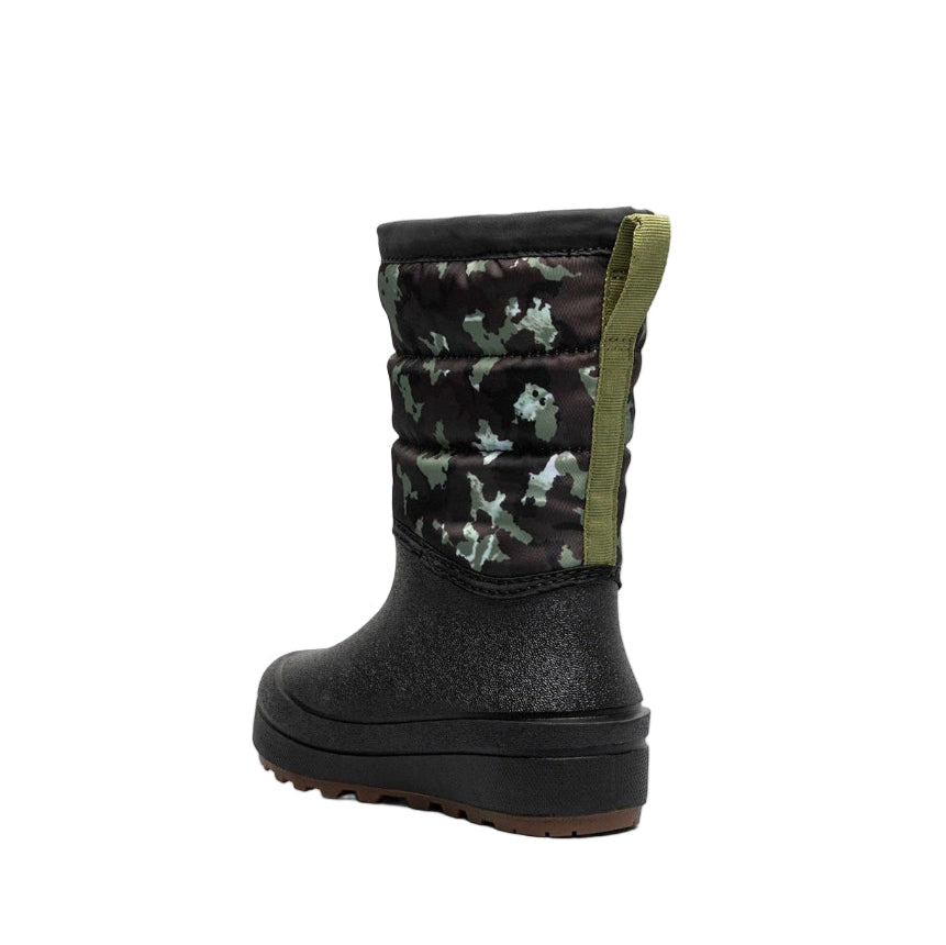 BOGS snow boot for toddlers, camouflage shell with zip, black lower, green pull tab