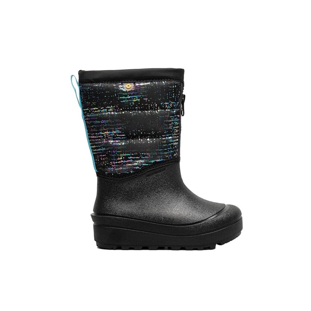 BOGS snow boots for toddlers with metallic striped shell, black rubber lower, blue pull tab