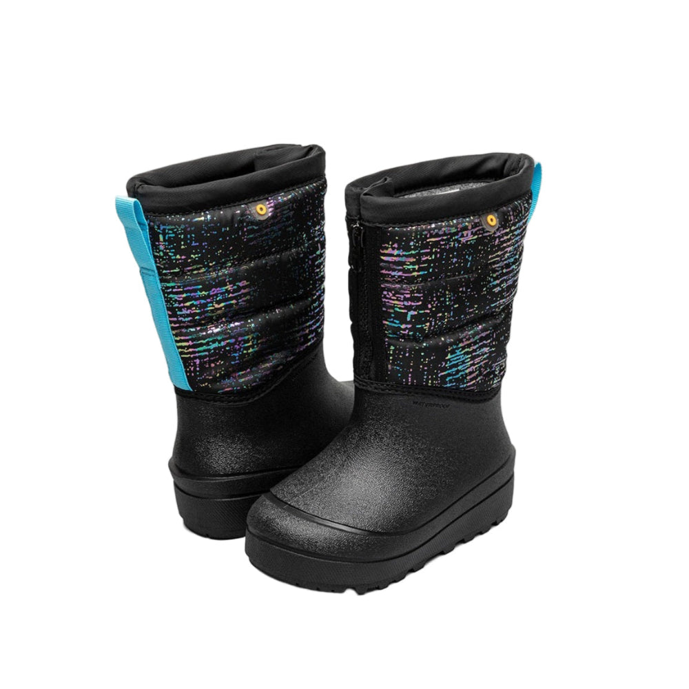 BOGS toddler snow boots; black rubber lower, metallic striped shell, blue pull tabs, pair