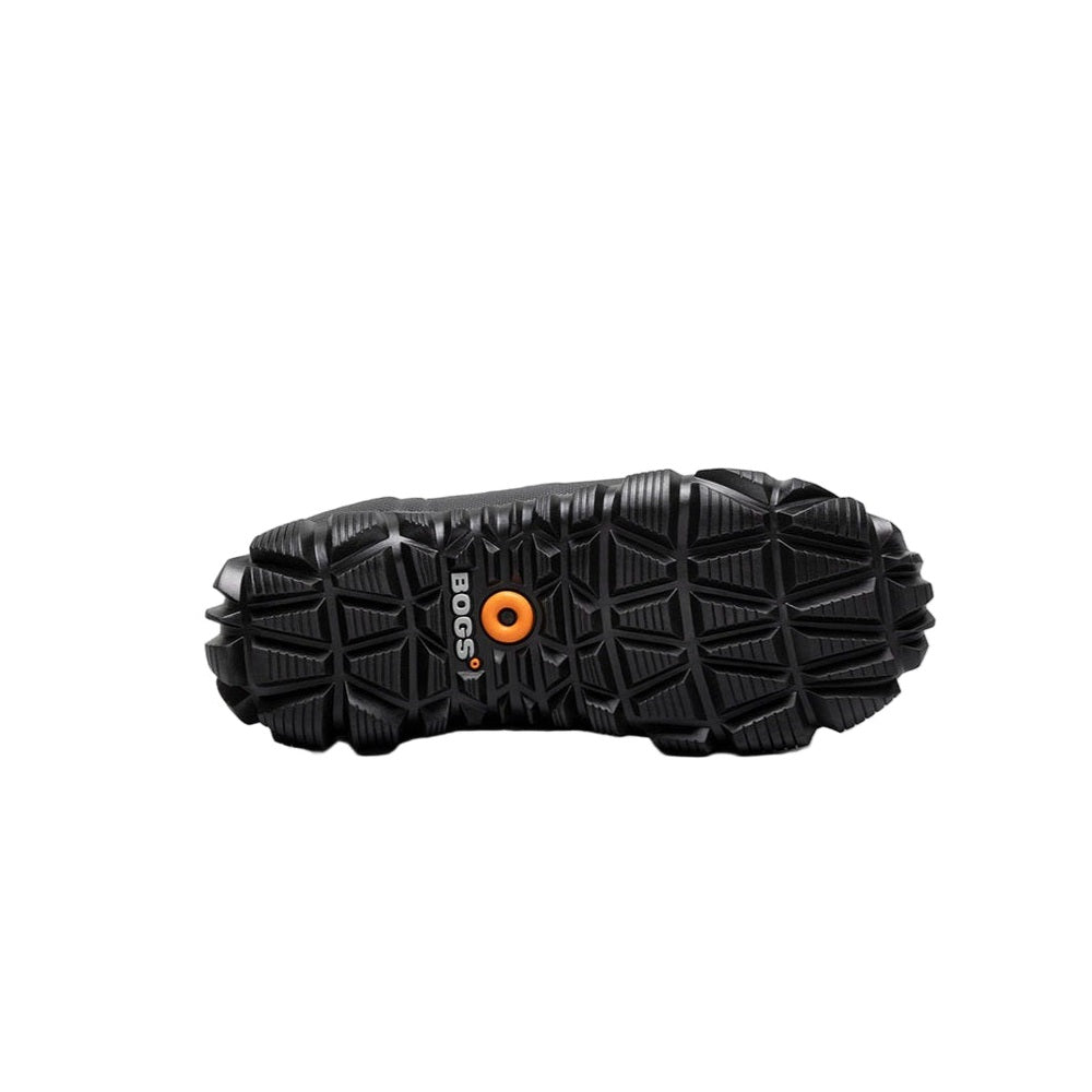 BOGS women's winter boots sole view in black rubber with orange logo, cement multi plaid