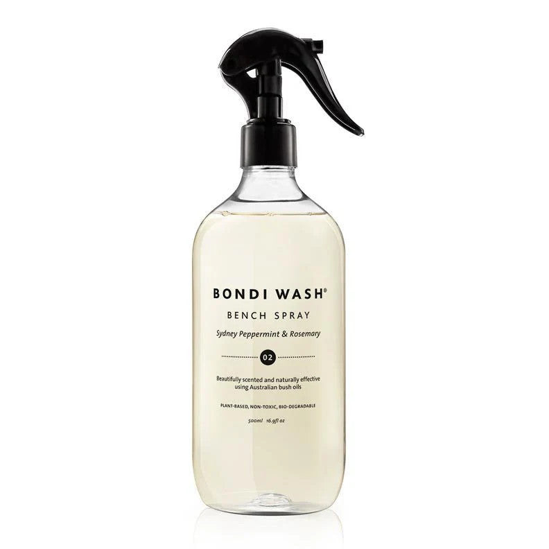 Bondi Wash Bench Spray 500 ml bottle with black trigger spray, Sydney Peppermint & Rosemary scent