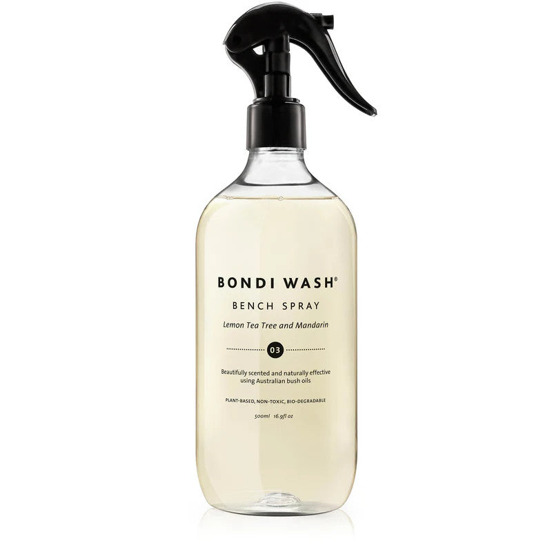 Bondi Wash Bench Spray 500 ml ready-to-use spray bottle with black trigger, lemon tea tree mandarin scent.