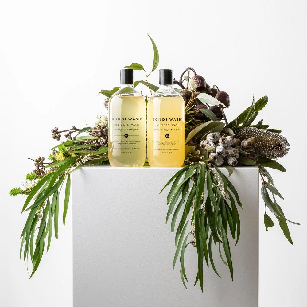 Bondi Wash Delicates Wash bottles, blue cypress & petitgrain, 500 ml each, two-pack with greenery