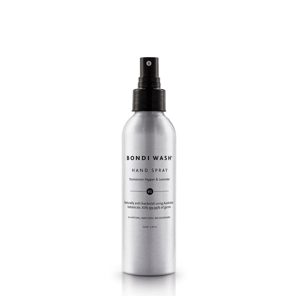 Bondi Wash Hand Spray Tasmanian Pepper & Lavender in a silver aluminum bottle with a black spray nozzle.