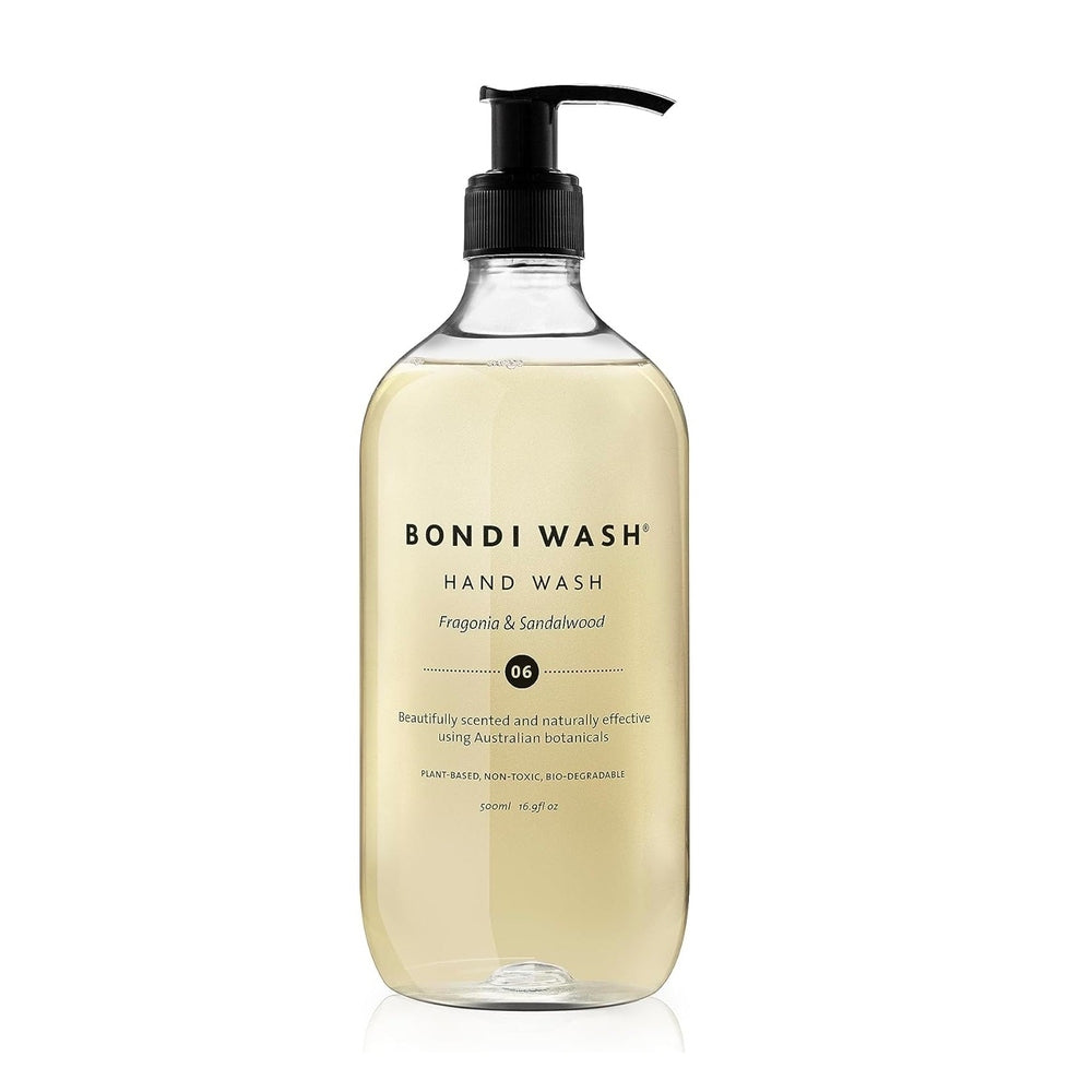 Bondi Wash Hand Wash 500 ml bottle with pump dispenses pale yellow liquid, BONDI WASH brand.