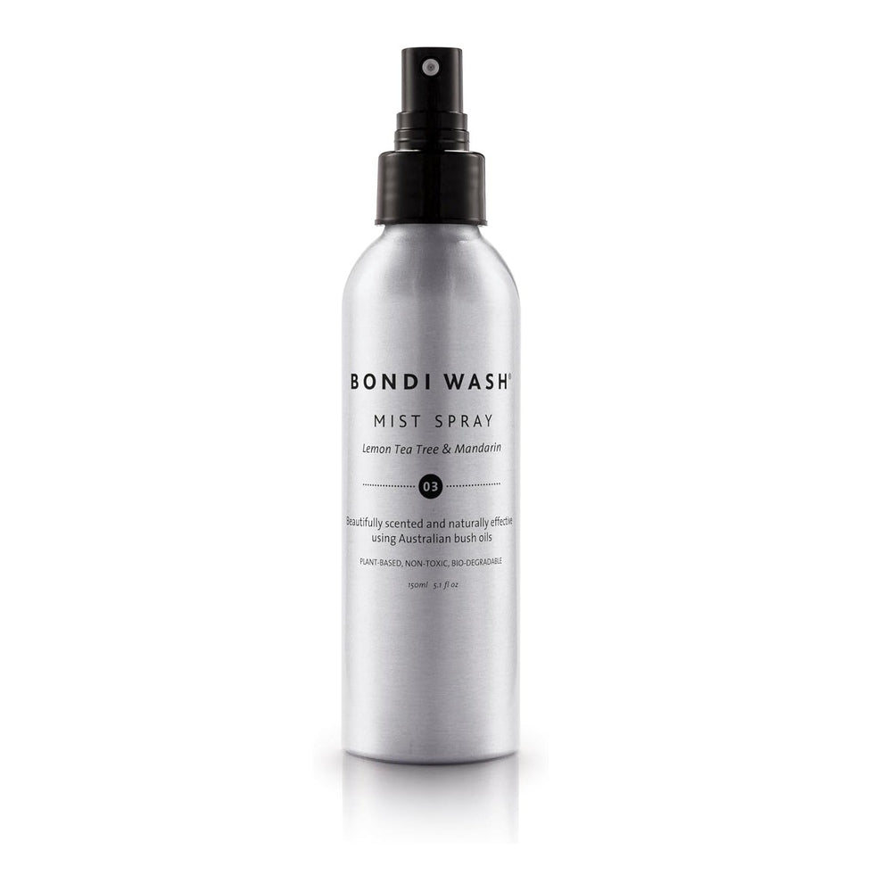 Bondi Wash Mist Spray 150 ml aluminum bottle with black spray top being pumped for lemon tea tree & mandarin mist.