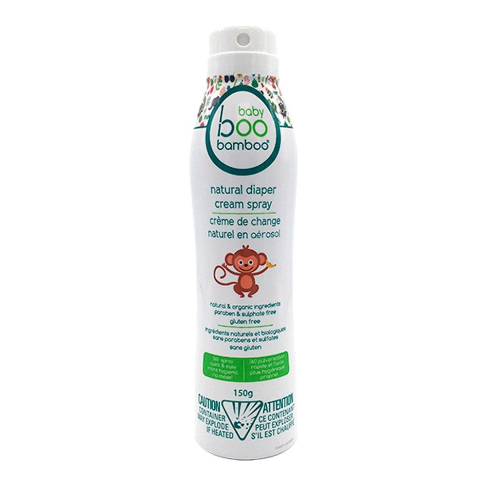 Boo Natural diaper cream spray 150g bottle with a colorful label and friendly monkey graphic