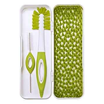 Boon Trip Travel Drying Rack Green in case with bottle brush and nipple brush set