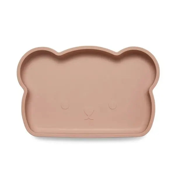 Bopomofo Bear Silicone Plate With Suction Base in soft pink, bear-shaped plate lying flat on surface.