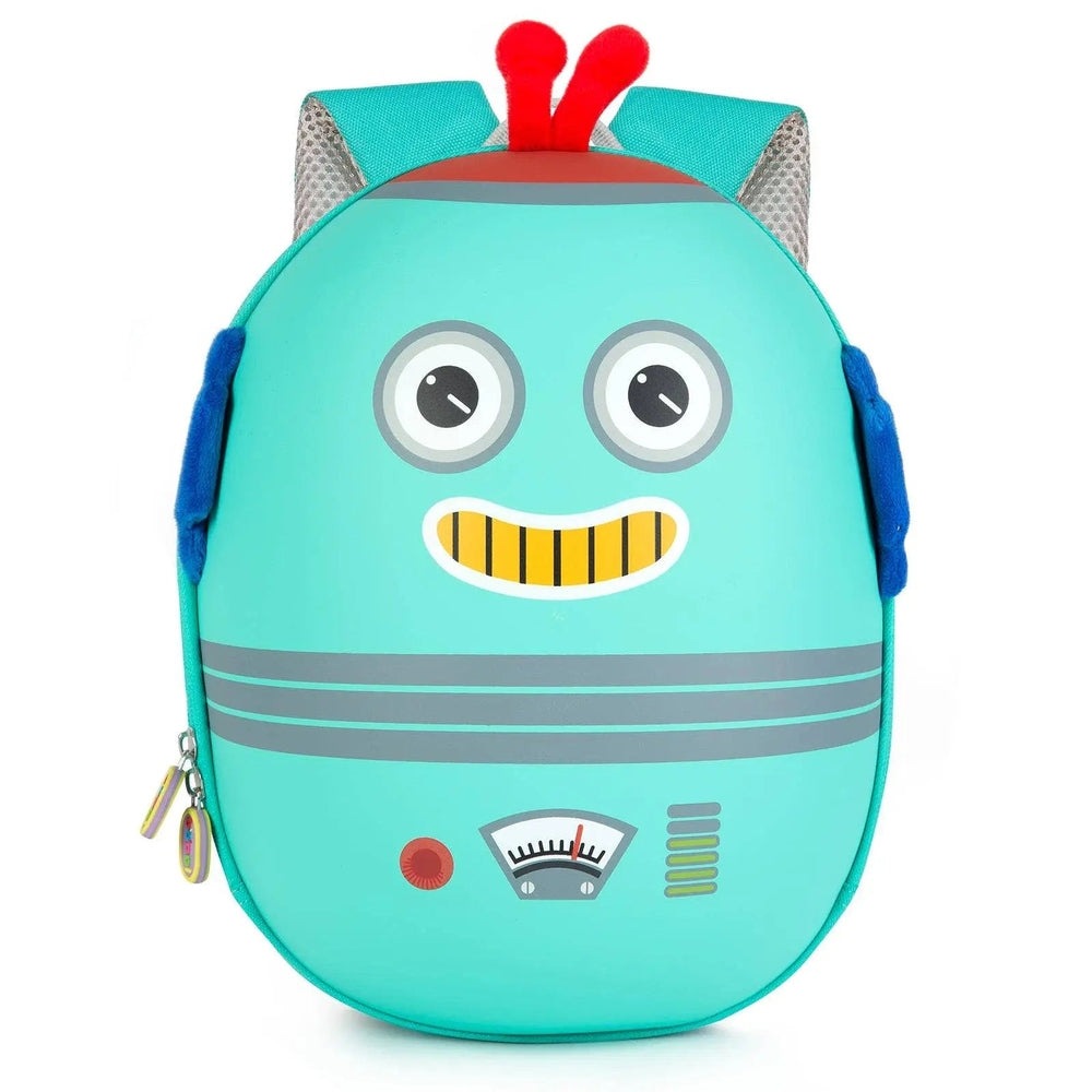Boppi Tiny Trekker Kids Backpack turquoise robot face with red antennae, padded teal straps worn by a child.