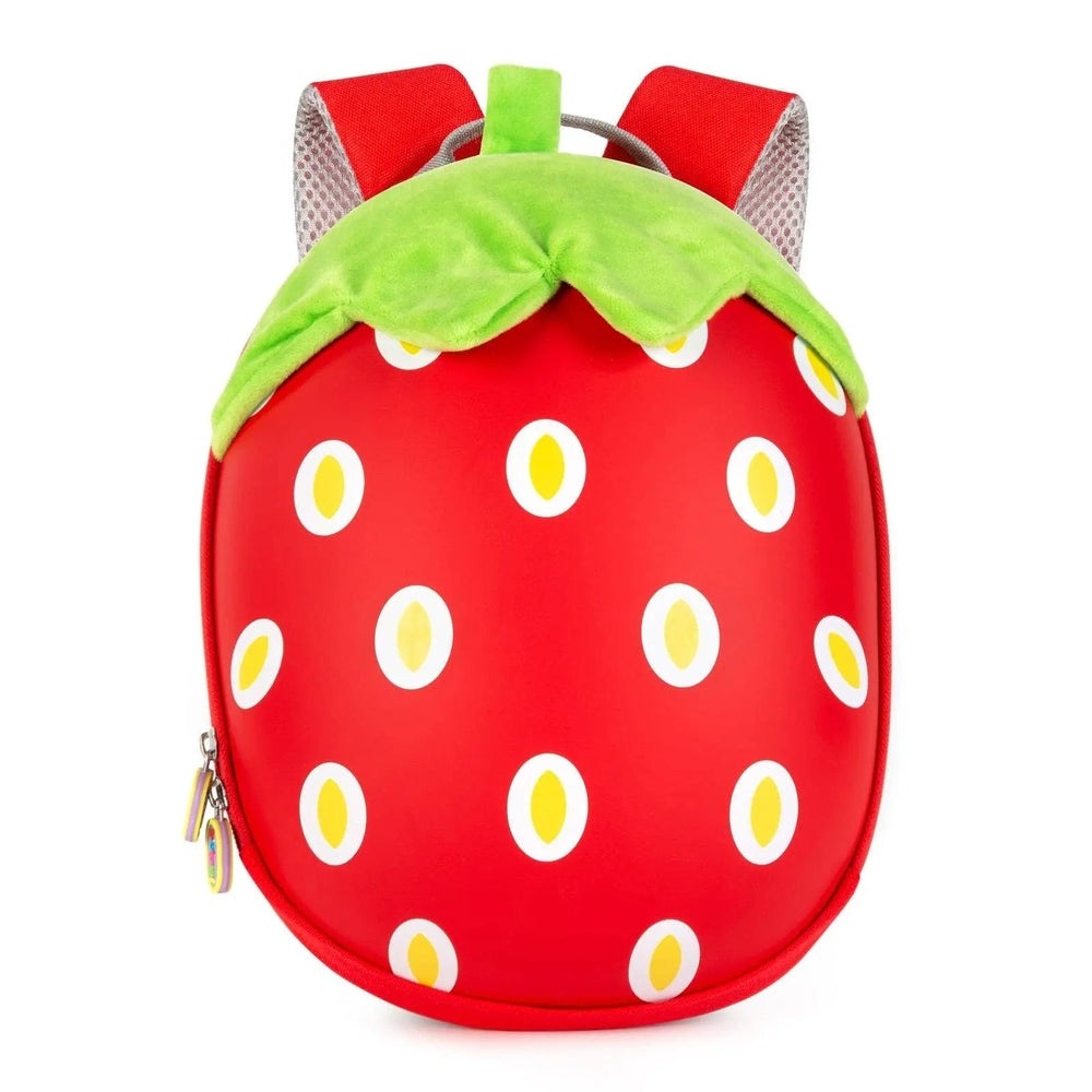 Boppi Tiny Trekker Kids Backpack, red strawberry design with green leaf lid and padded straps.
