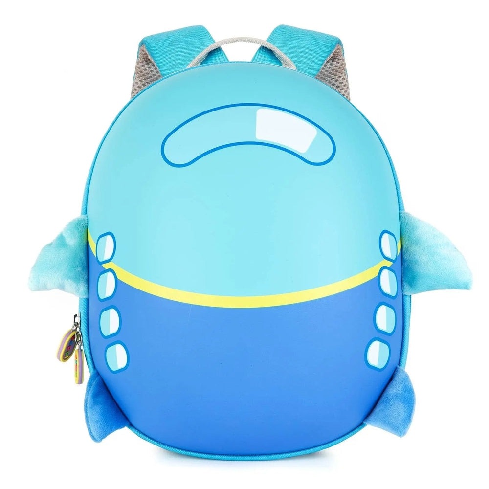 Boppi Tiny Trekker Kids Backpack in bright blue with yellow stripe and plush fins on sides, standing upright.