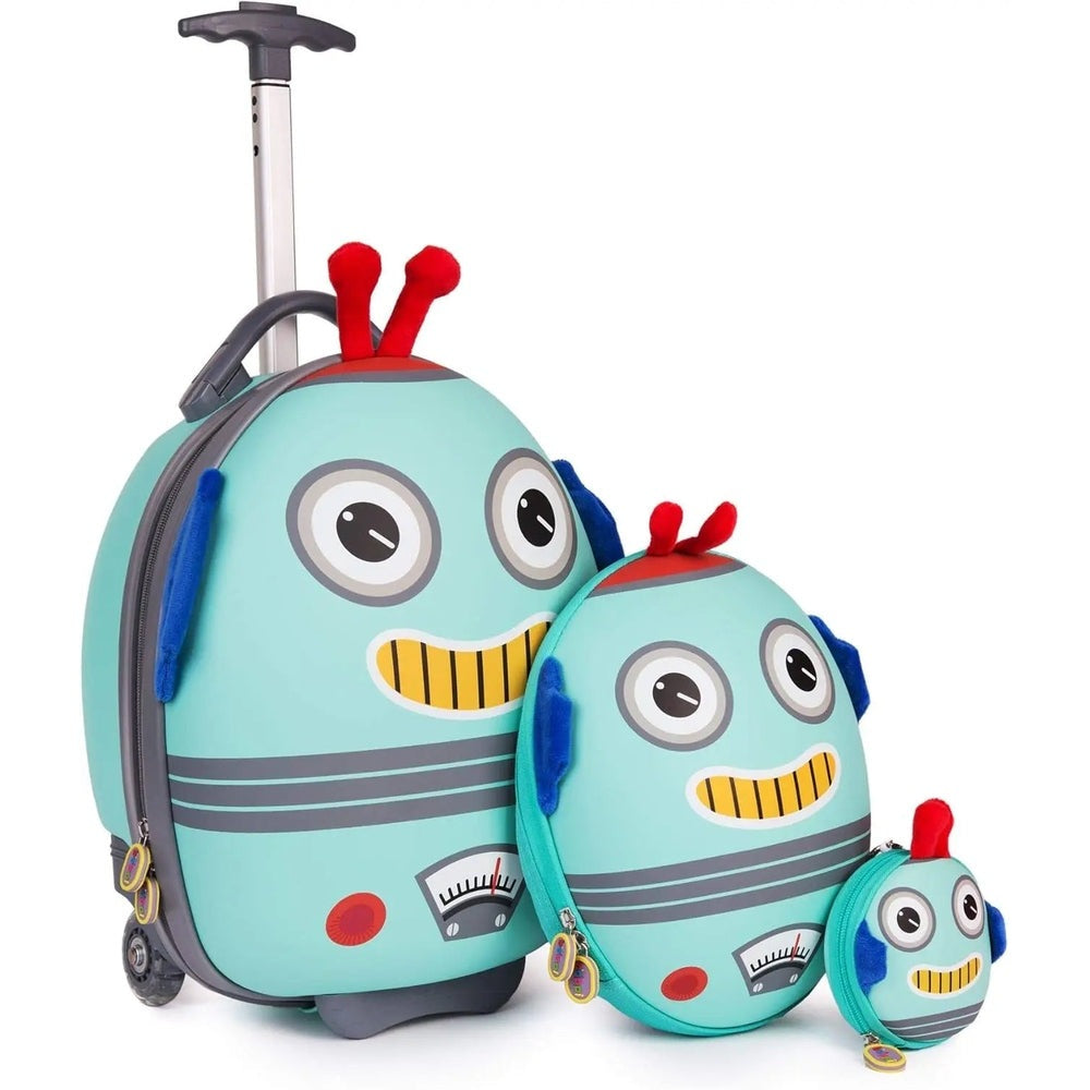 Boppi Tiny Trekker Kids Backpack set in teal robot design, three sizes with wheels and an extendable handle.