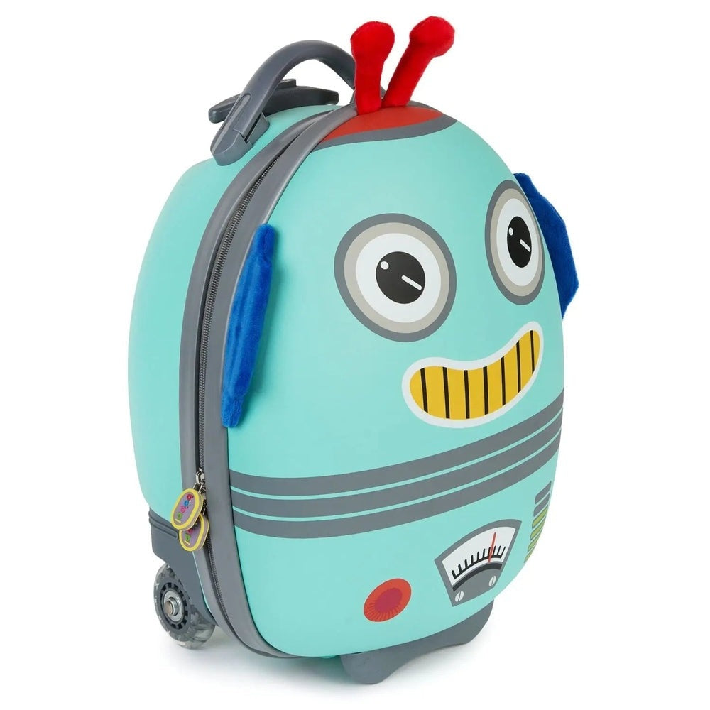 Boppi Tiny Trekker Kids Luggage Case in teal with a robot face, red antennae, gray trim, wheels.