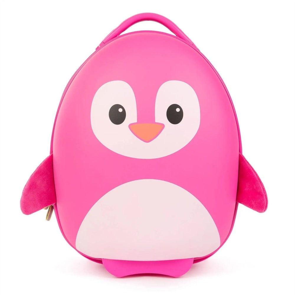 Boppi Tiny Trekker Kids Luggage Case in pink, penguin face with white belly, carried by top handle for kid-friendly travel.