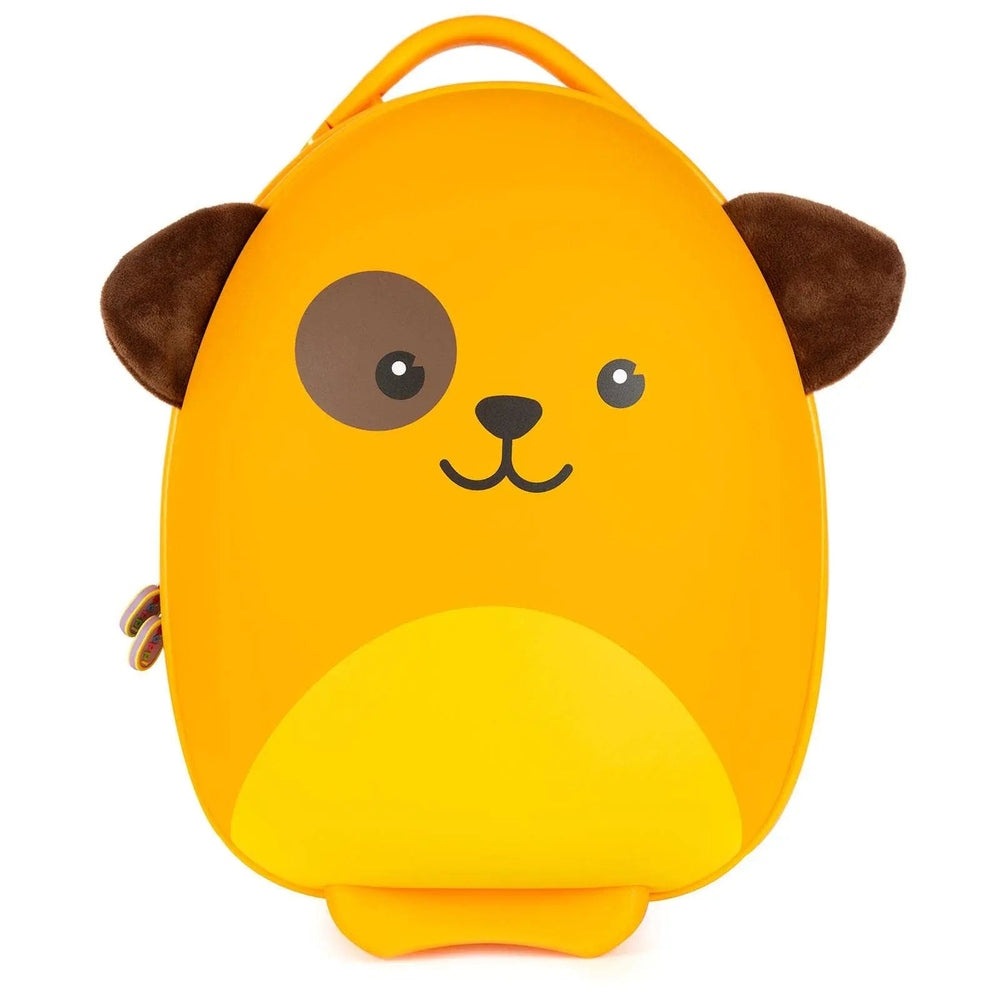 Boppi Tiny Trekker Kids Luggage Case in bright yellow panda design; sturdy top handle and brown ears.