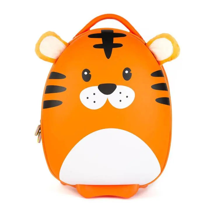 Boppi Tiny Trekker Kids Luggage Case orange tiger design with ears; kid-sized suitcase.