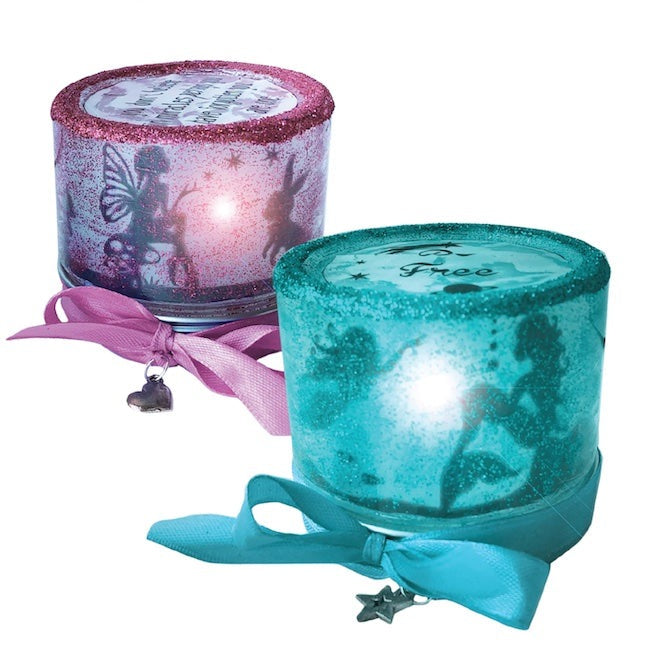 Box Candiy Totally Twilight candle set: two glitter teal and pink jars with ribbons
