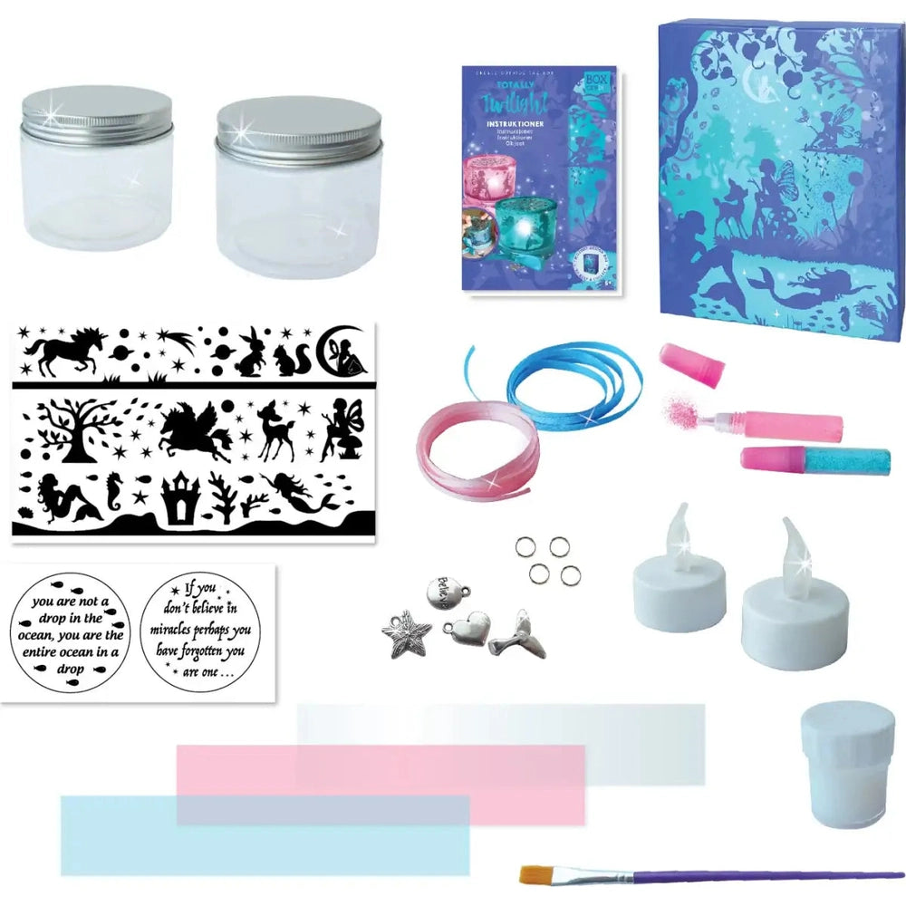 Box Candiy Totally Twilight candle making kit with 2 glass jars, stencils, ribbons, glitter glue, wicks and charms